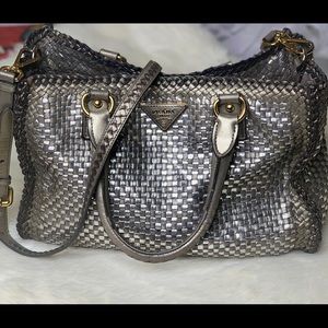 Prada Bronze/Silver Woven Leather Madras Glenty Used